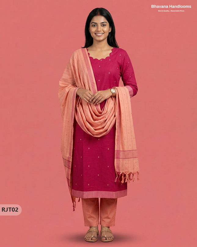 Premium Handloom Woveen 3PC Kurti Set with Handloom Dupatta | Pink Colour Ethnic Wear