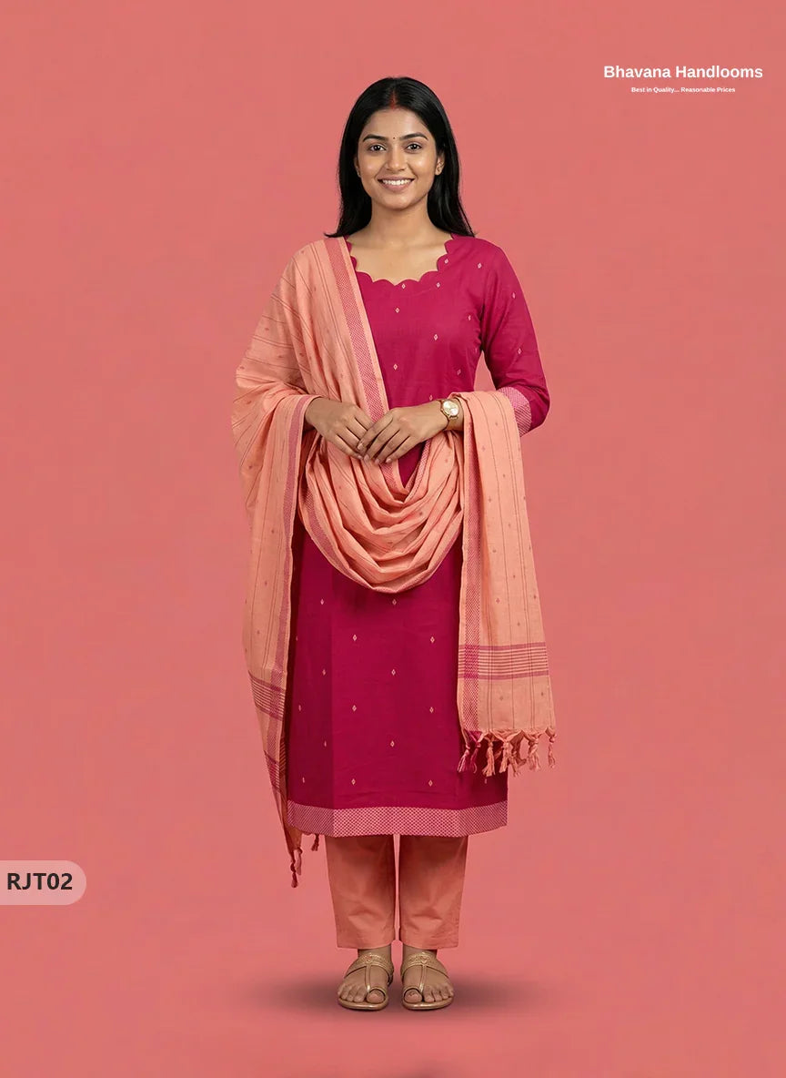 Premium Handloom Woveen 3PC Kurti Set with Handloom Dupatta | Pink Colour Ethnic Wear