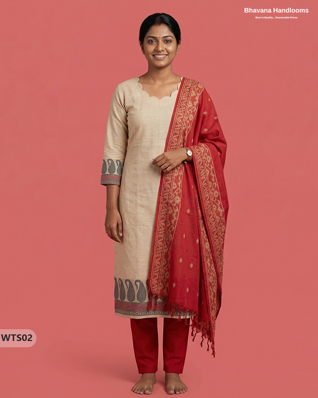 Stylish Handloom Jacquard 3PC Kurti Set with Printed Dupatta & Half White Kurti