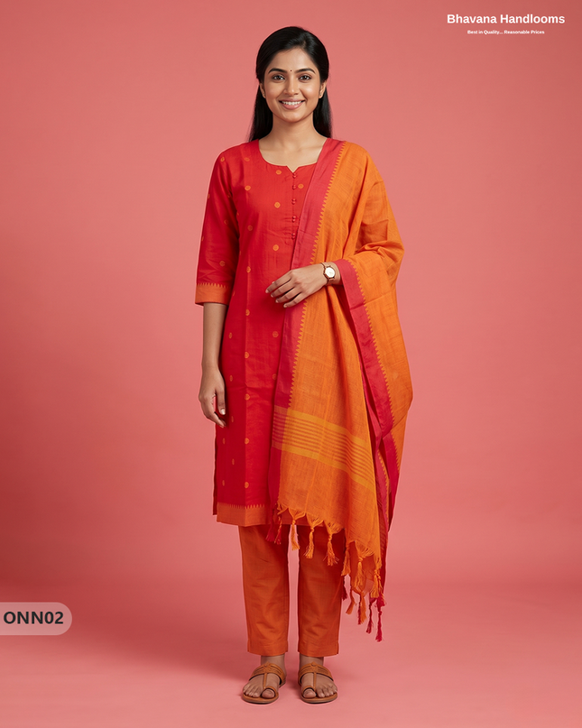 Mangalagiri Premium Cotton 3PC Set with Full-Length Lining & Elastic Pocket Bottom – Tomato Red colour