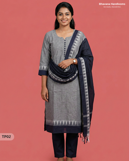 Mangalagiri Cotton 3PC Set with Full-Length Lining & Elastic Pocket Bottom – White & Blue Double Weave