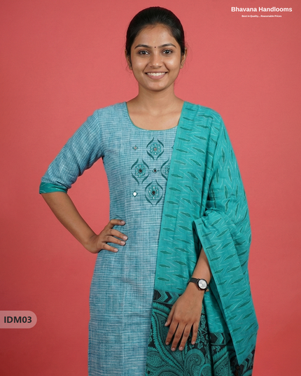 Premium Ikkat Kalamkari Printed Ready-to-Wear Dress in Sea Green | Full Length Lining