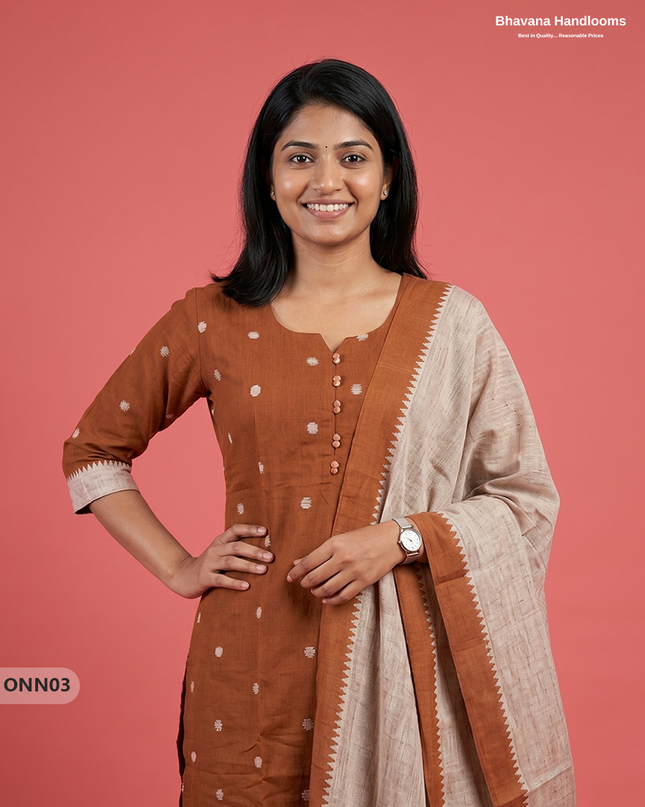 Mangalagiri Premium Cotton 3PC Set with Full-Length Lining & Elastic Pocket Bottom – Brown colour