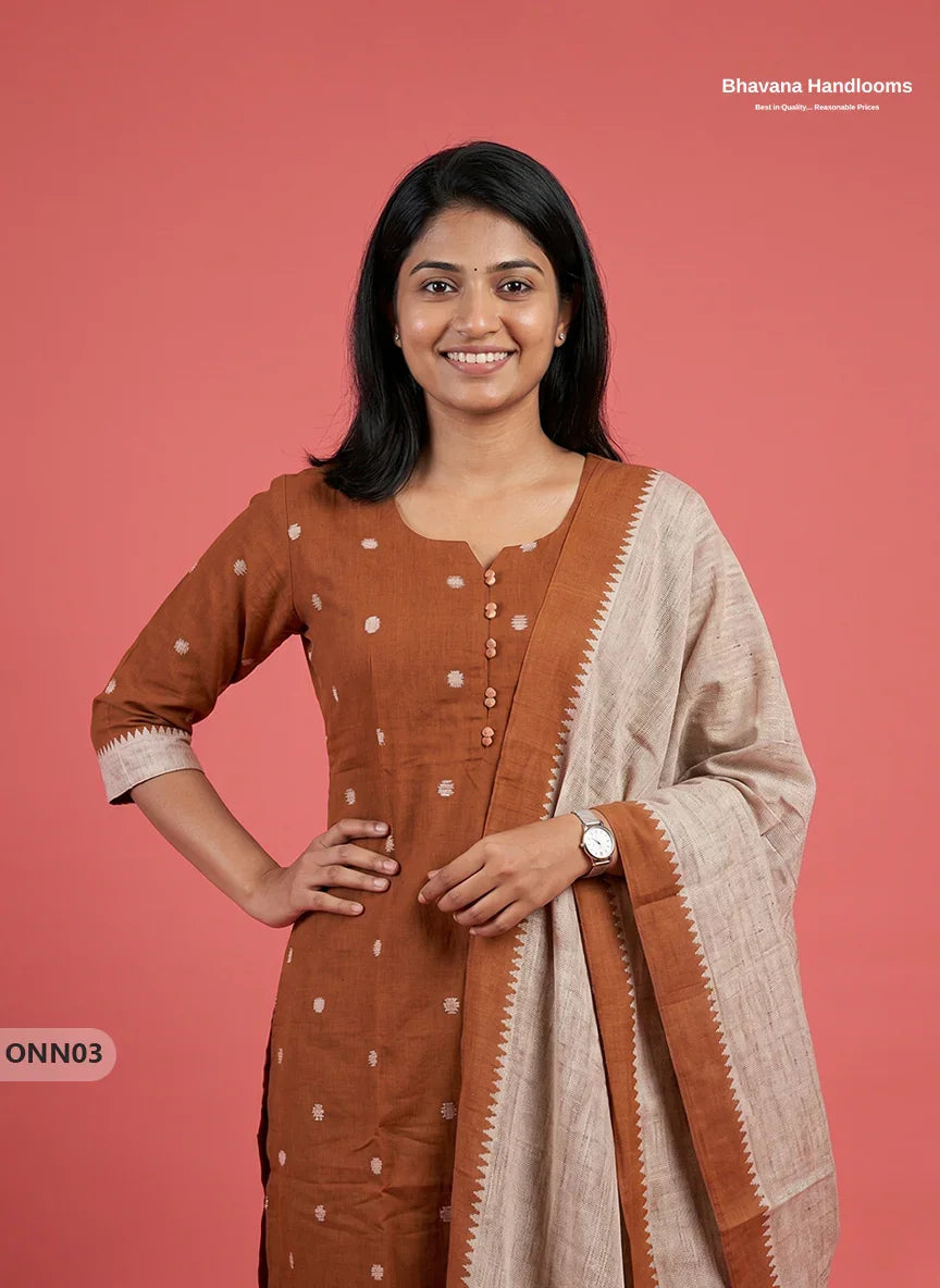 Mangalagiri Premium Cotton 3PC Set with Full-Length Lining & Elastic Pocket Bottom – Brown colour