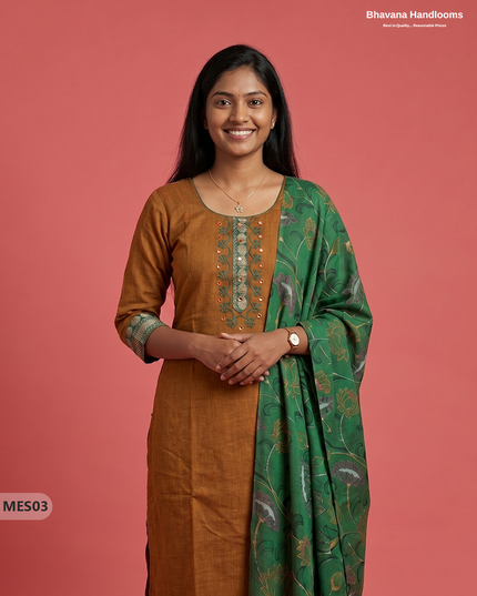 Premium Mangalagiri Kurti Set with Embroidery Design, Threads Bottom & Printed Dupatta – Ochre Earth Colour