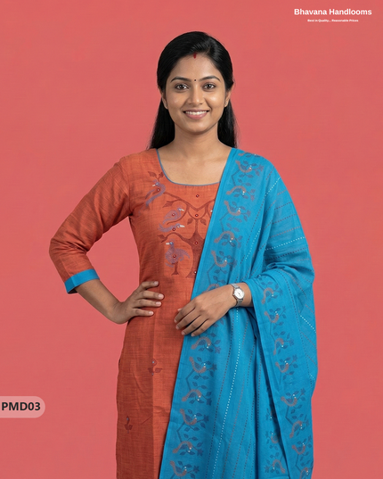 Premium Orange Kurti Set with Birds Print & Mirror Finishing | Ready-to-Wear