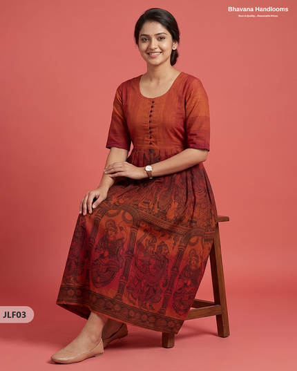 Traditional Handloom Frock with Ramayanam Design Prints in Multi Colour Shades | Rust Orange Colour
