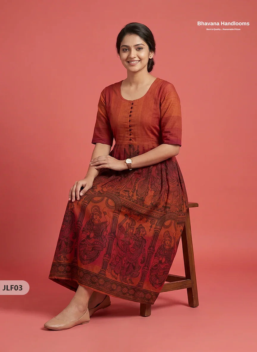 Traditional Handloom Frock with Ramayanam Design Prints in Multi Colour Shades | Rust Orange Colour