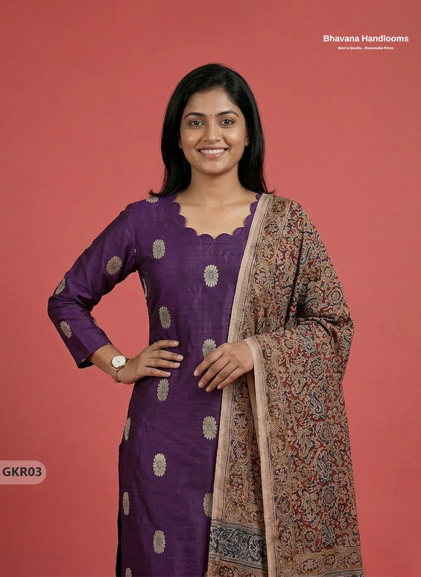 Raw Silk 3PC Kurti Set with Kalamkari Dupatta & Elastic Bottom in Violet Colour | Ethnic Wear