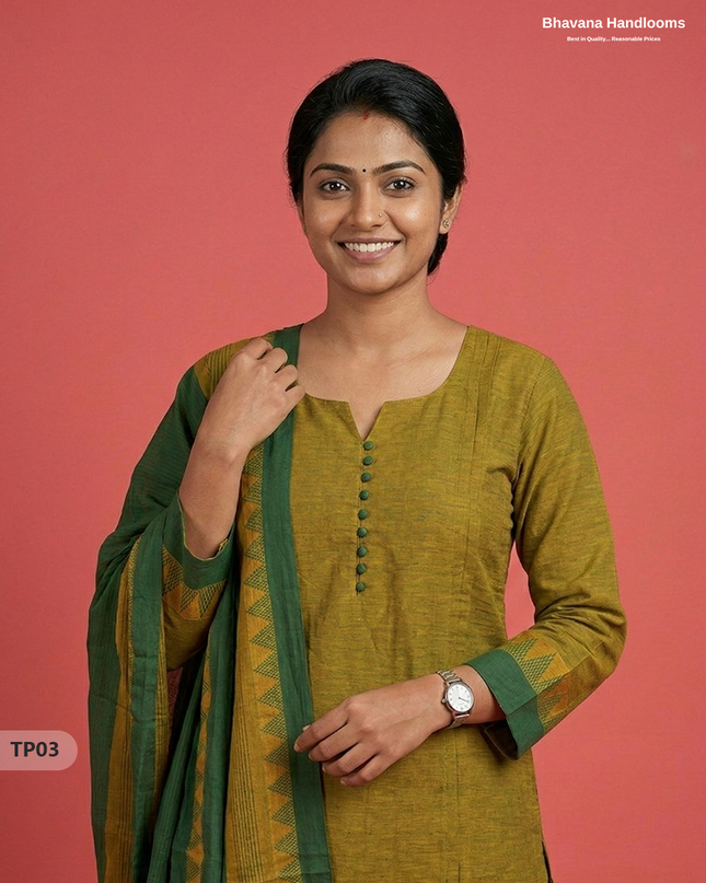 Mangalagiri Cotton 3PC Set with Full-Length Lining & Elastic Pocket Bottom – Green & Yellow Double Weave