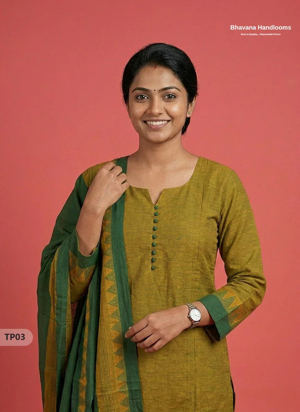 Mangalagiri Cotton 3PC Set with Full-Length Lining & Elastic Pocket Bottom – Green & Yellow Double Weave