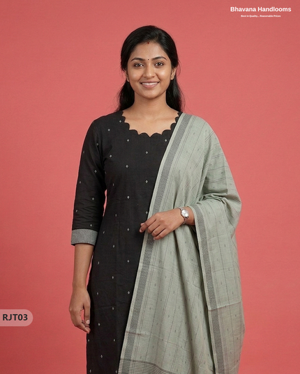 Premium Handloom Woveen 3PC Kurti Set with Handloom Dupatta | Black Colour Ethnic Wear