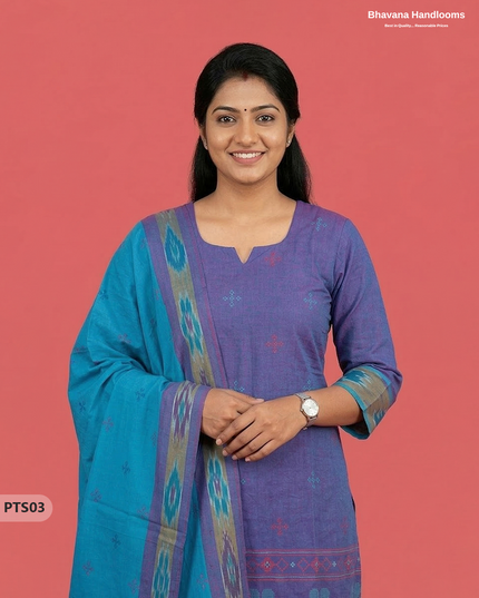 Traditional Pochampally Border 3PC Kurti Set with Dupatta in Purple Blue colour | Ready-to-Wear Ethnic Set