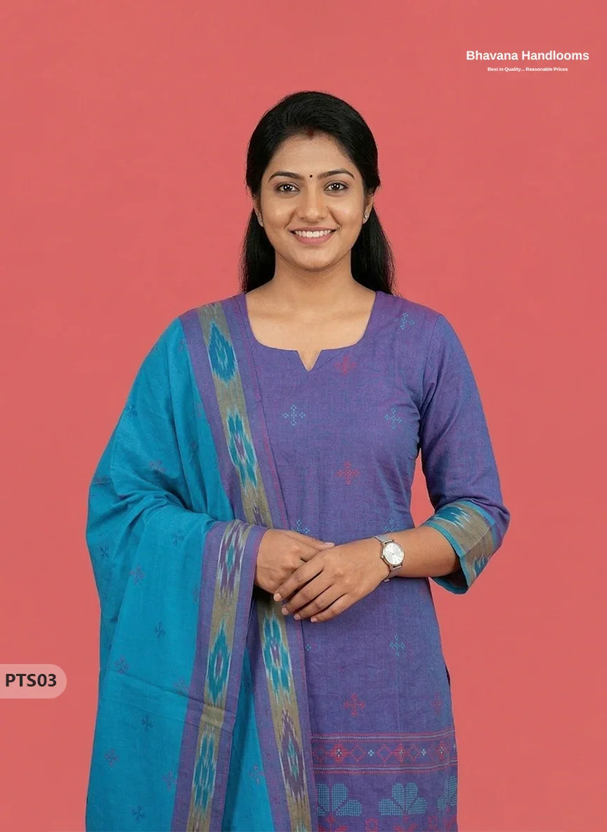 Traditional Pochampally Border 3PC Kurti Set with Dupatta in Purple Blue colour | Ready-to-Wear Ethnic Set