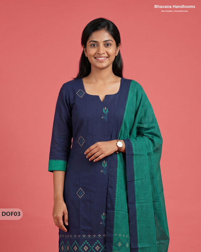 Mangalagiri Handloom Printed Cotton Kurti Set Navy Blue Colour with Elastic Bottom | Ready-to-Wear Ethnic Wear