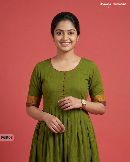 Summer Special Premium Cotton Handloom Frock with Woven Design | Green Colour