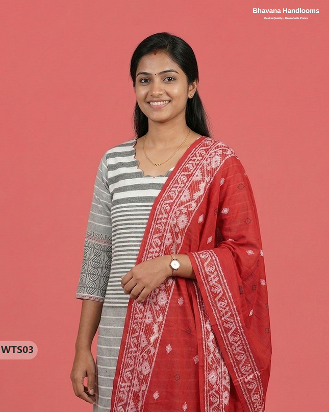 Stylish Handloom Jacquard 3PC Kurti Set with Printed  Dupatta & White Kurti