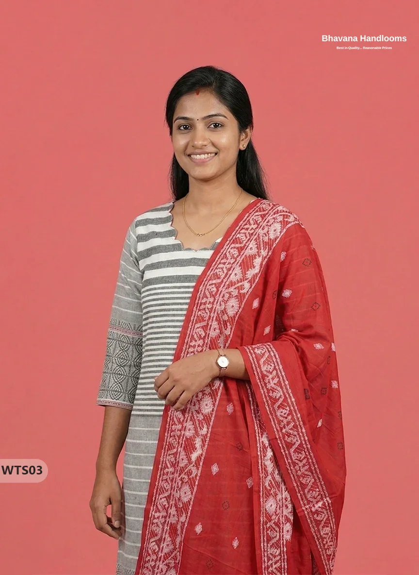 Stylish Handloom Jacquard 3PC Kurti Set with Printed  Dupatta & White Kurti