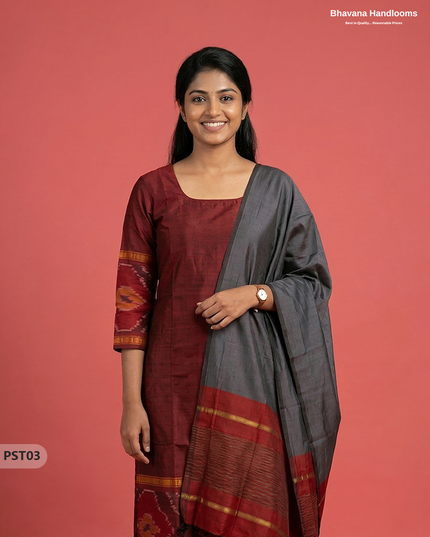 Pochampally Semi Pattu 3PC Kurti Set in Maroon Colour | Ready-to-Wear Ethnic Wear