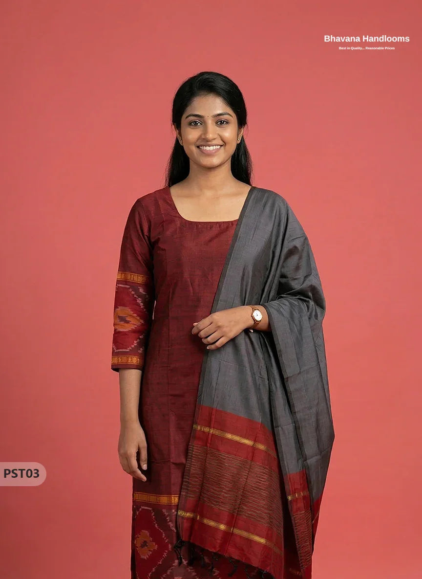 Pochampally Semi Pattu 3PC Kurti Set in Maroon Colour | Ready-to-Wear Ethnic Wear
