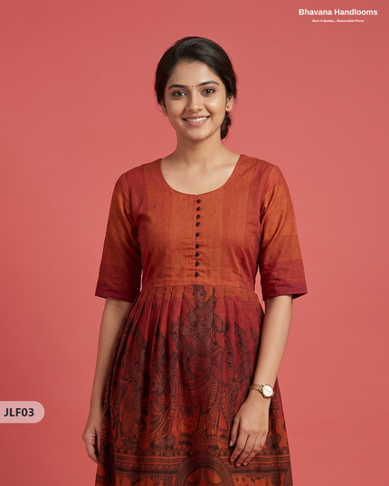 Traditional Handloom Frock with Ramayanam Design Prints in Multi Colour Shades | Rust Orange Colour