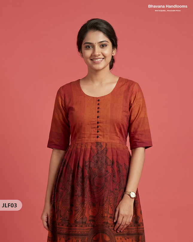 Traditional Handloom Frock with Ramayanam Design Prints in Multi Colour Shades | Rust Orange Colour