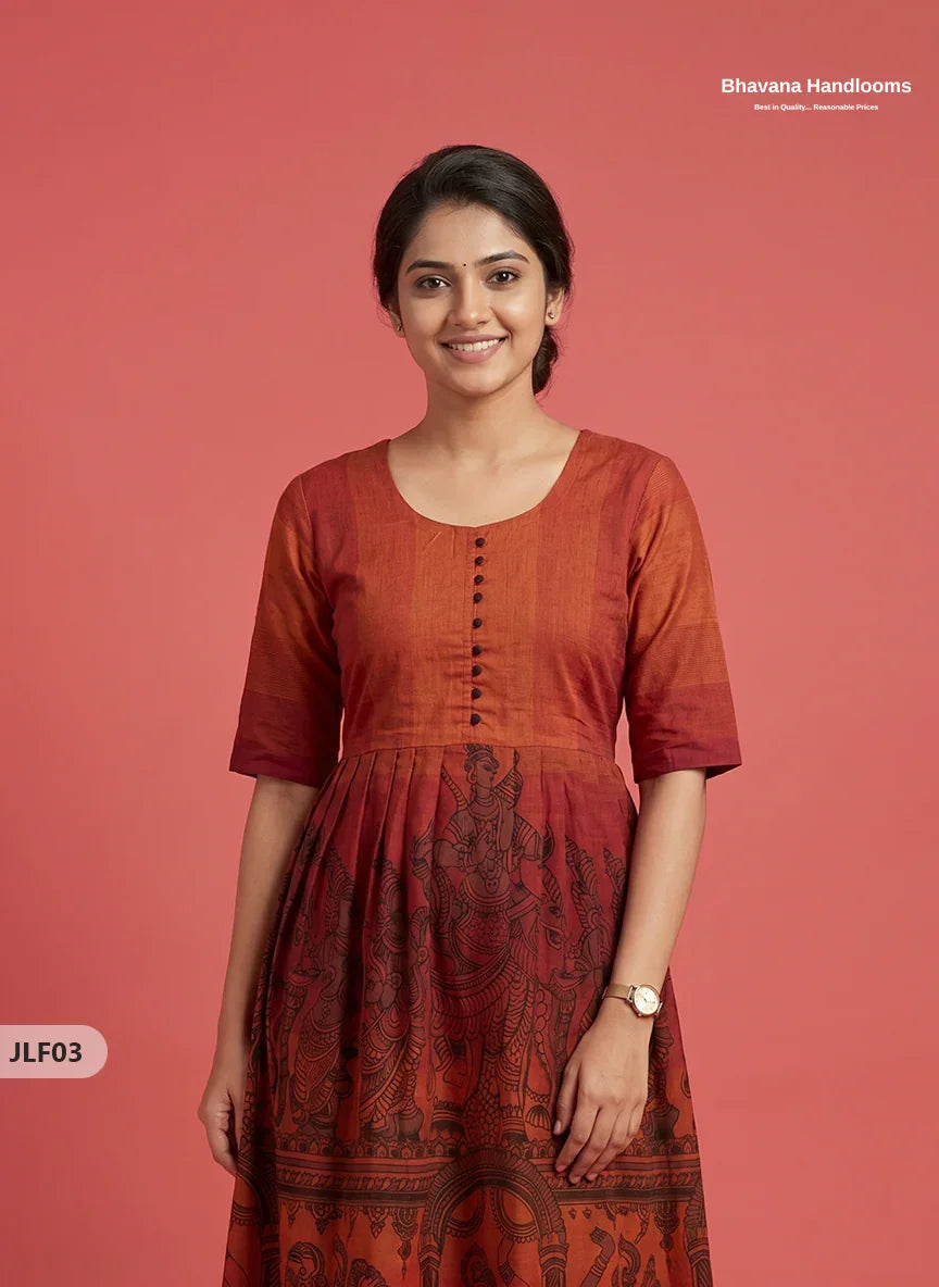 Traditional Handloom Frock with Ramayanam Design Prints in Multi Colour Shades | Rust Orange Colour