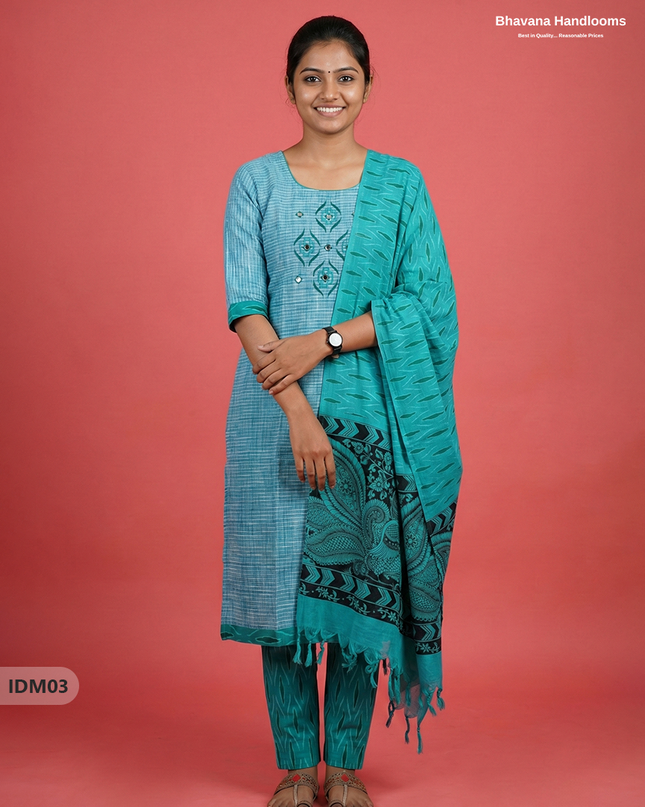 Premium Ikkat Kalamkari Printed Ready-to-Wear Dress in Sea Green | Full Length Lining