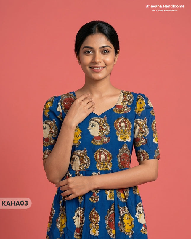 Kathakali Design Kalamkari Frock – Blue Colour with Half Lining