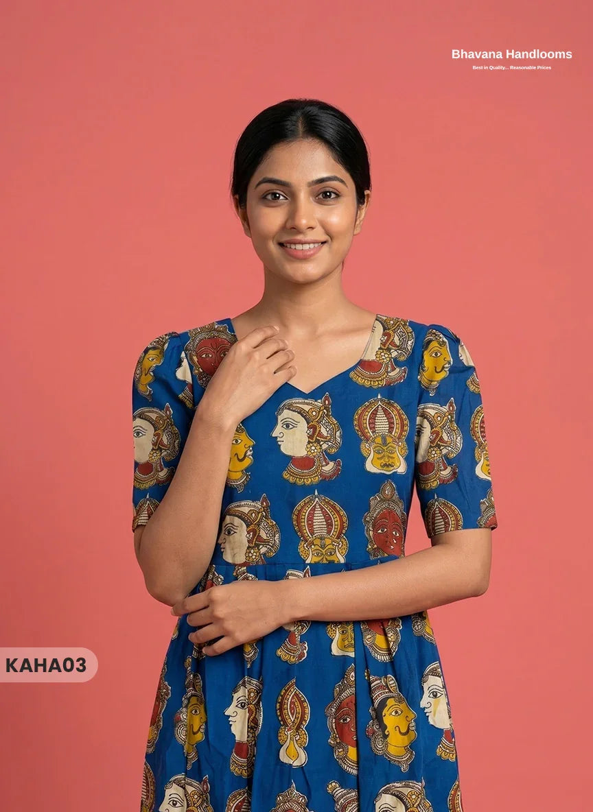 Kathakali Design Kalamkari Frock – Blue Colour with Half Lining