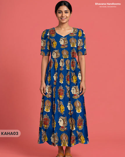 Kathakali Design Kalamkari Frock – Blue Colour with Half Lining