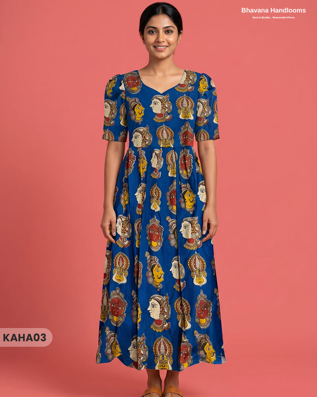Kathakali Design Kalamkari Frock – Blue Colour with Half Lining