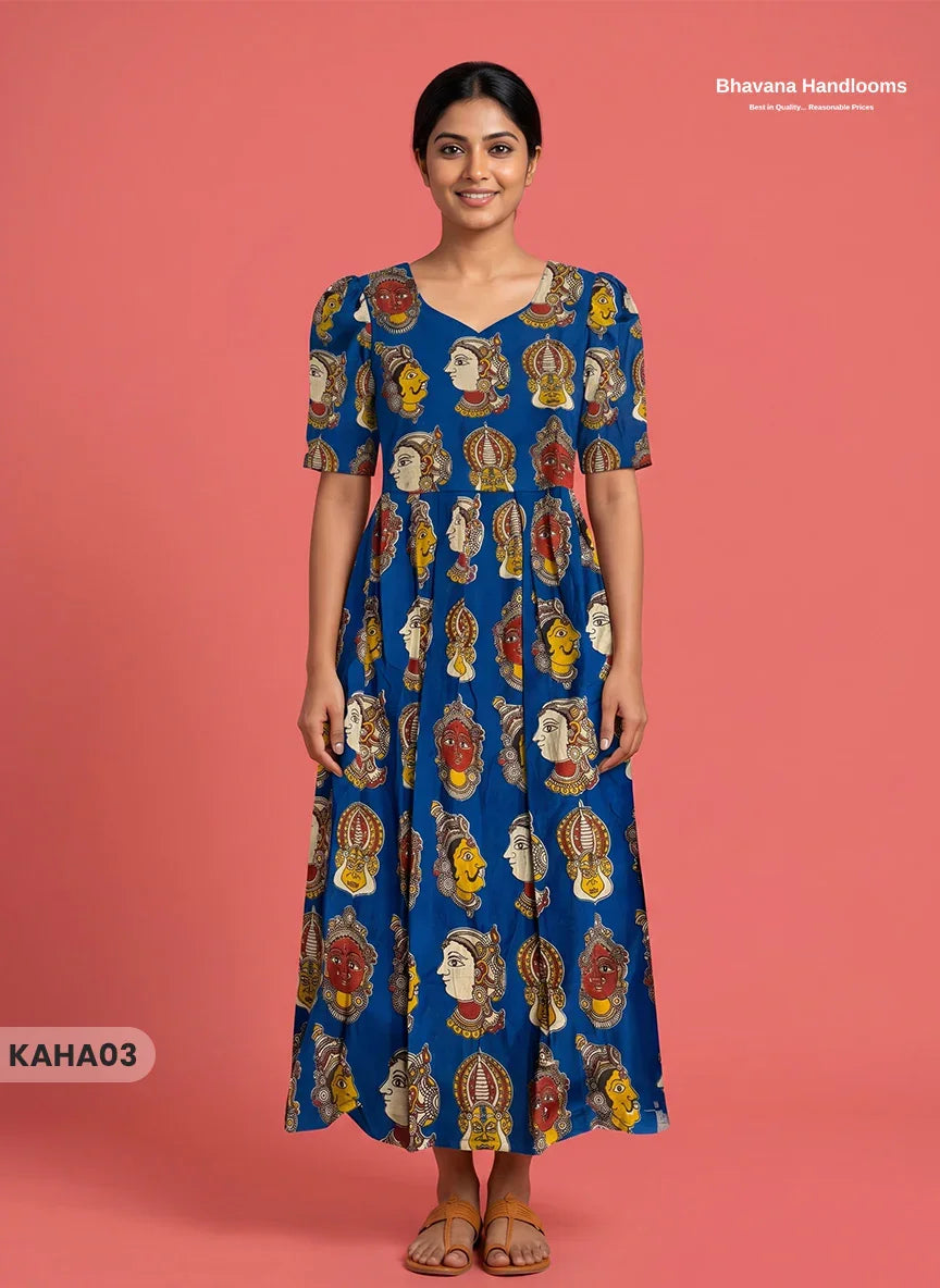 Kathakali Design Kalamkari Frock – Blue Colour with Half Lining