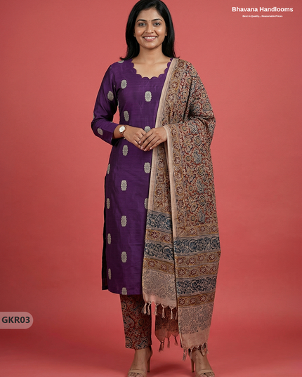 Raw Silk 3PC Kurti Set with Kalamkari Dupatta & Elastic Bottom in Violet Colour | Ethnic Wear