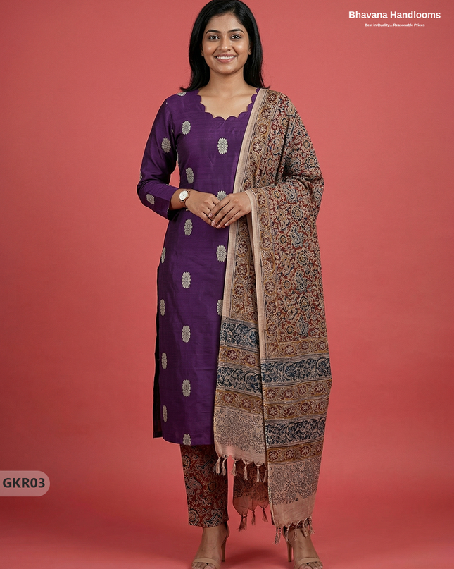 Raw Silk 3PC Kurti Set with Kalamkari Dupatta & Elastic Bottom in Violet Colour | Ethnic Wear