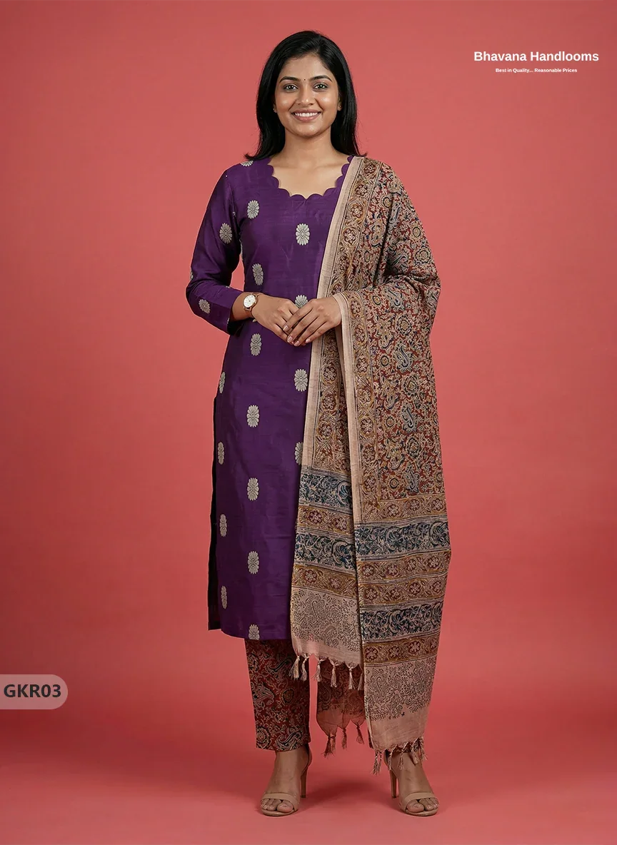 Raw Silk 3PC Kurti Set with Kalamkari Dupatta & Elastic Bottom in Violet Colour | Ethnic Wear