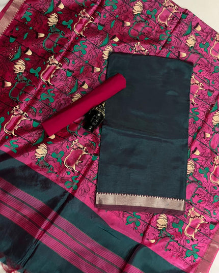 Mangalagiri Semi Pattu Dress Material with Zari Border – Drak Green Colour