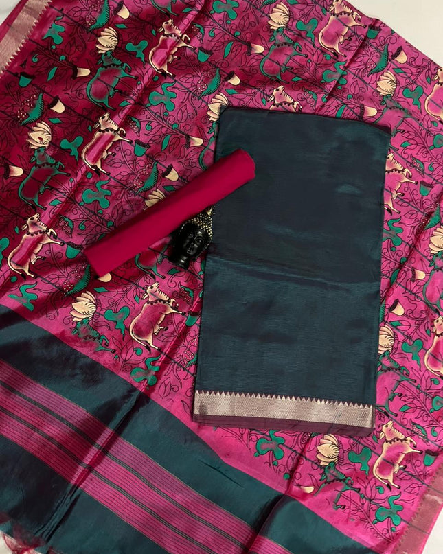 Mangalagiri Semi Pattu Dress Material with Zari Border – Drak Green Colour