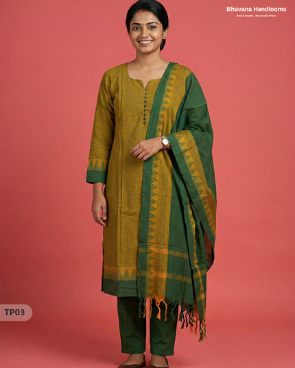 Mangalagiri Cotton 3PC Set with Full-Length Lining & Elastic Pocket Bottom – Green & Yellow Double Weave