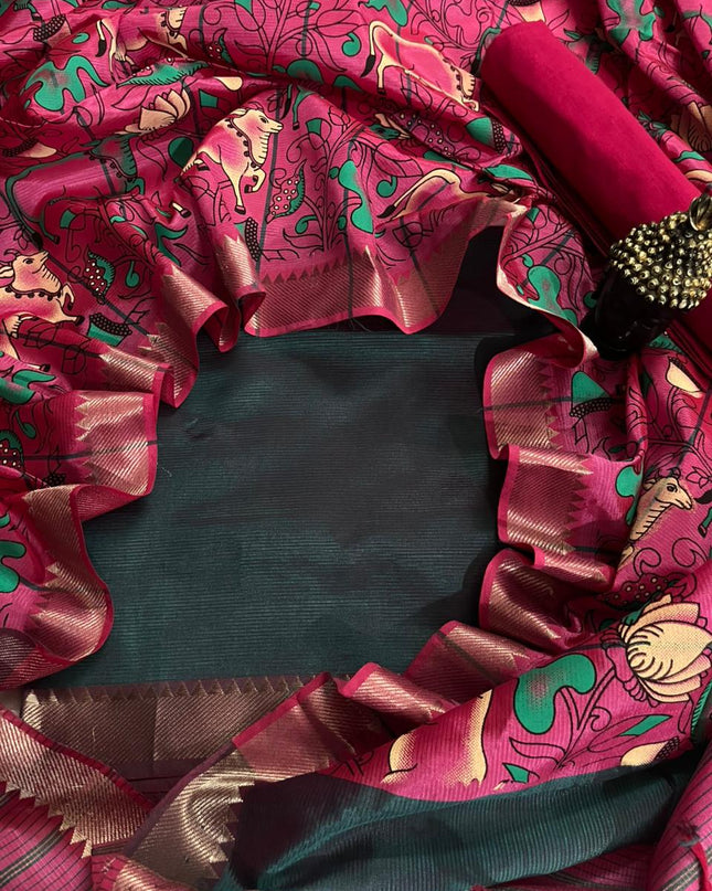 Mangalagiri Semi Pattu Dress Material with Zari Border – Drak Green Colour
