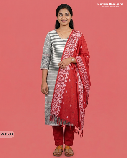 Stylish Handloom Jacquard 3PC Kurti Set with Printed  Dupatta & White Kurti