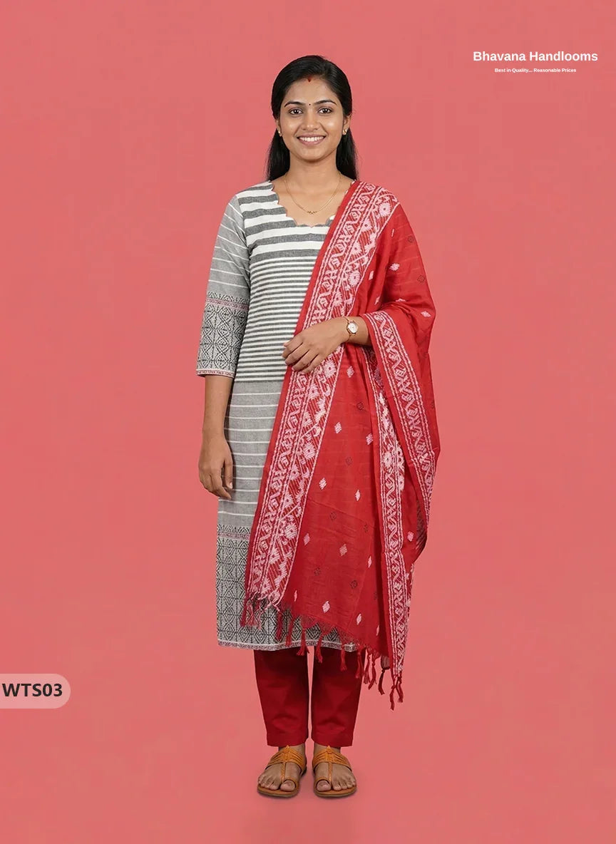 Stylish Handloom Jacquard 3PC Kurti Set with Printed  Dupatta & White Kurti