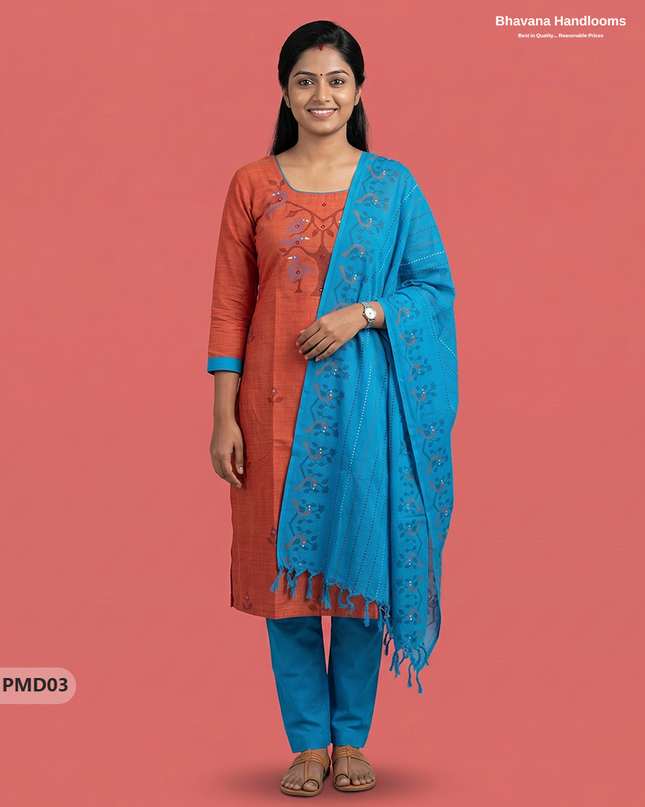 Premium Orange Kurti Set with Birds Print & Mirror Finishing | Ready-to-Wear