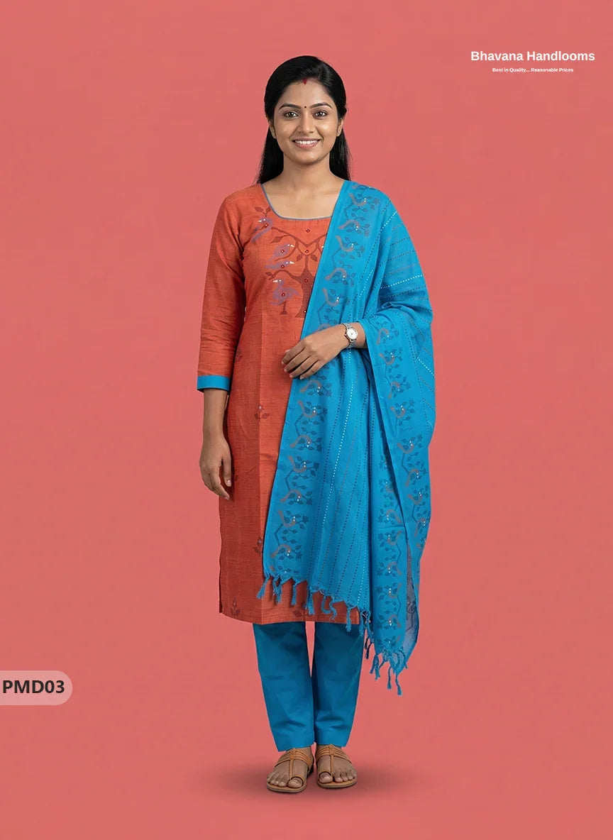 Premium Orange Kurti Set with Birds Print & Mirror Finishing | Ready-to-Wear