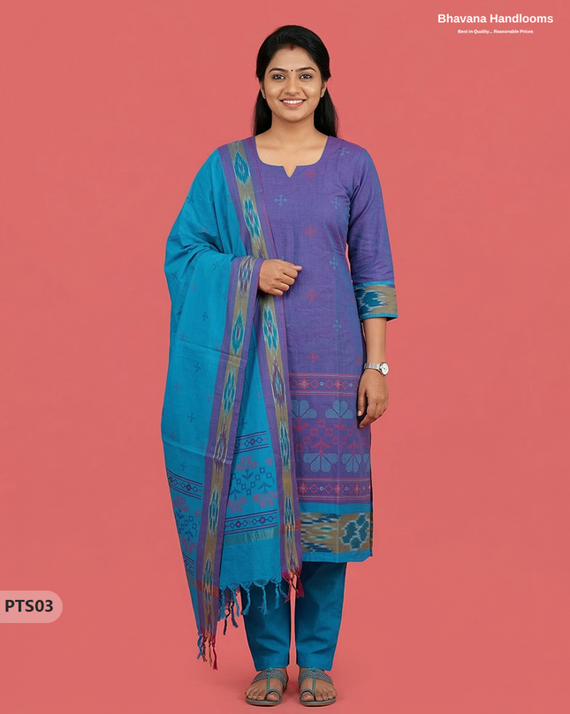 Traditional Pochampally Border 3PC Kurti Set with Dupatta in Purple Blue colour | Ready-to-Wear Ethnic Set
