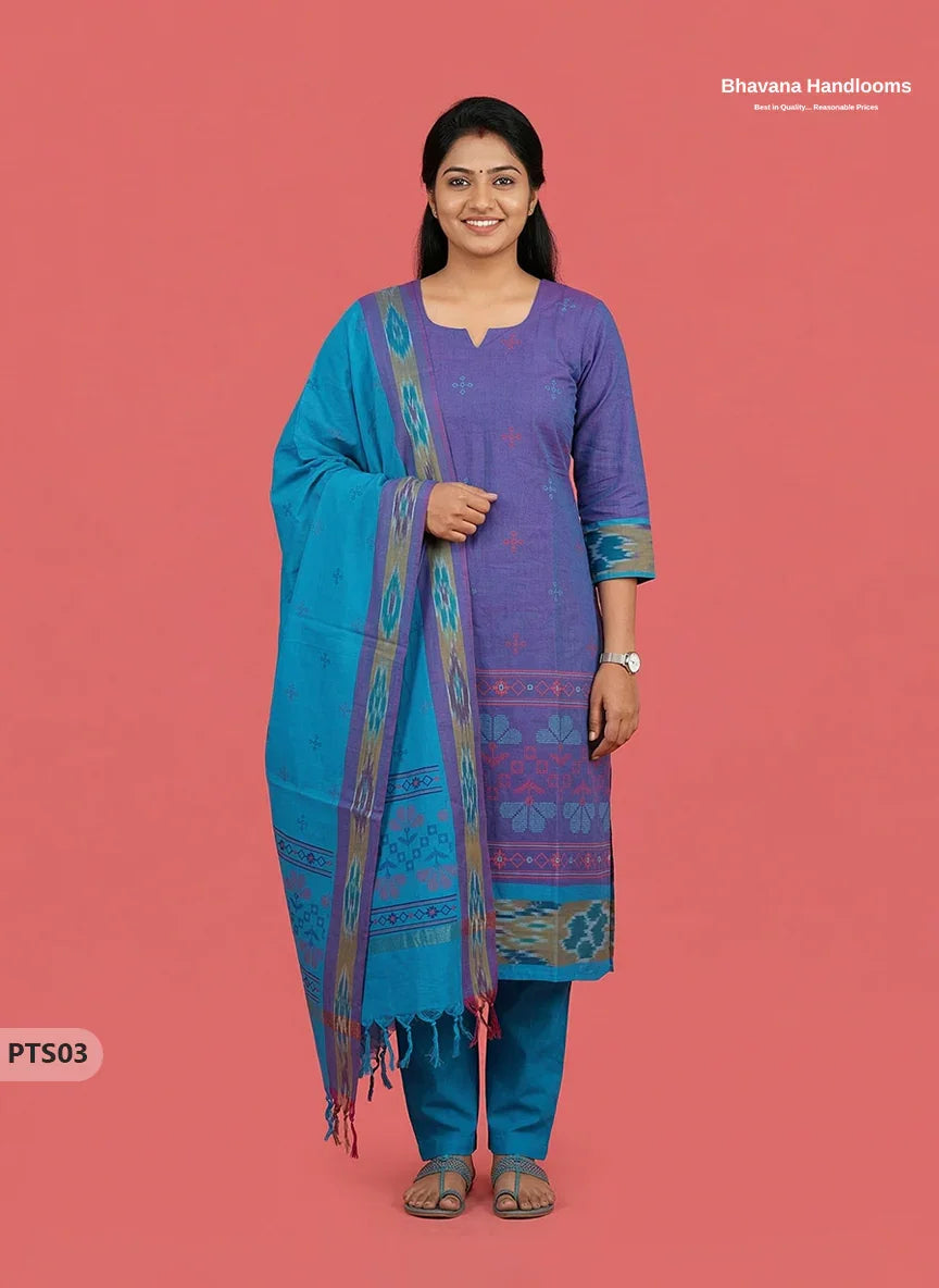 Traditional Pochampally Border 3PC Kurti Set with Dupatta in Purple Blue colour | Ready-to-Wear Ethnic Set