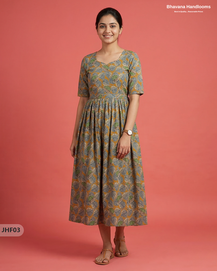 Kalamkari Design Frock – Yellow Colour | Handloom Ethnic Wear with Half Lining