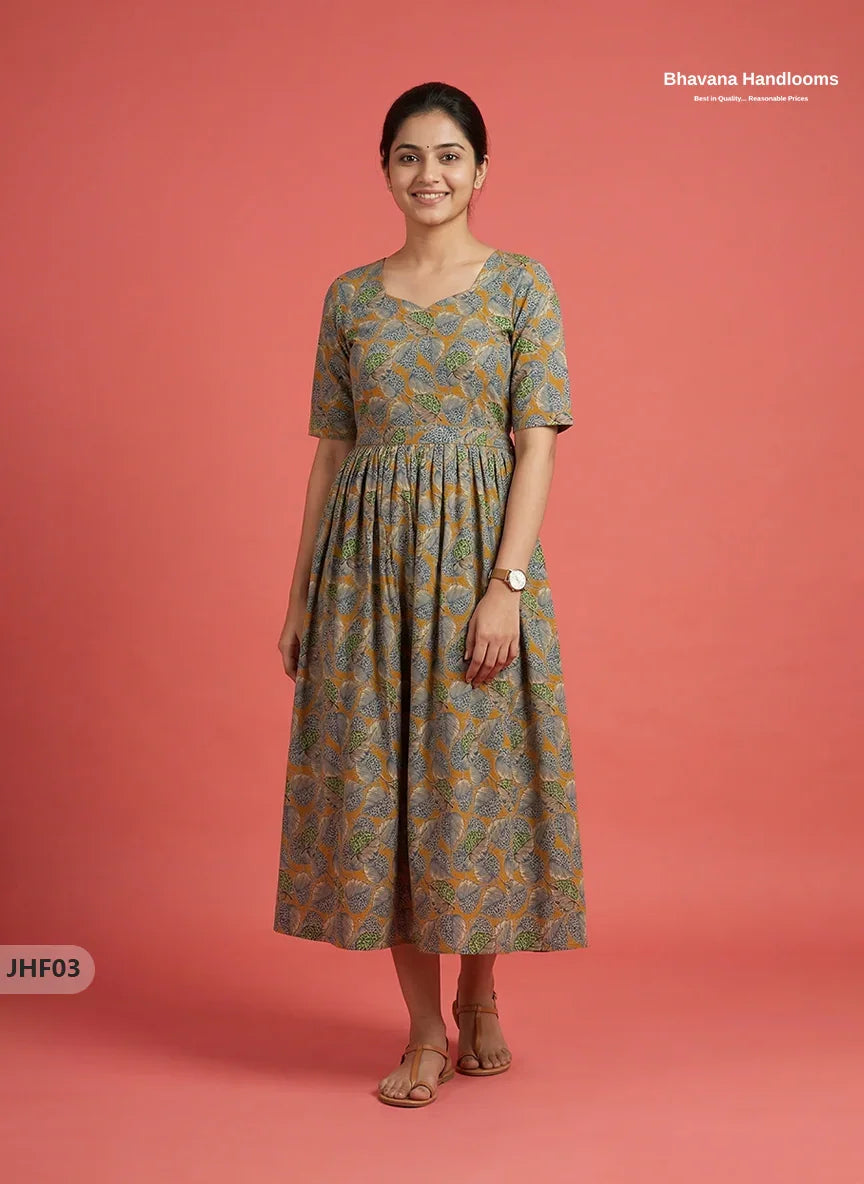 Kalamkari Design Frock – Yellow Colour | Handloom Ethnic Wear with Half Lining