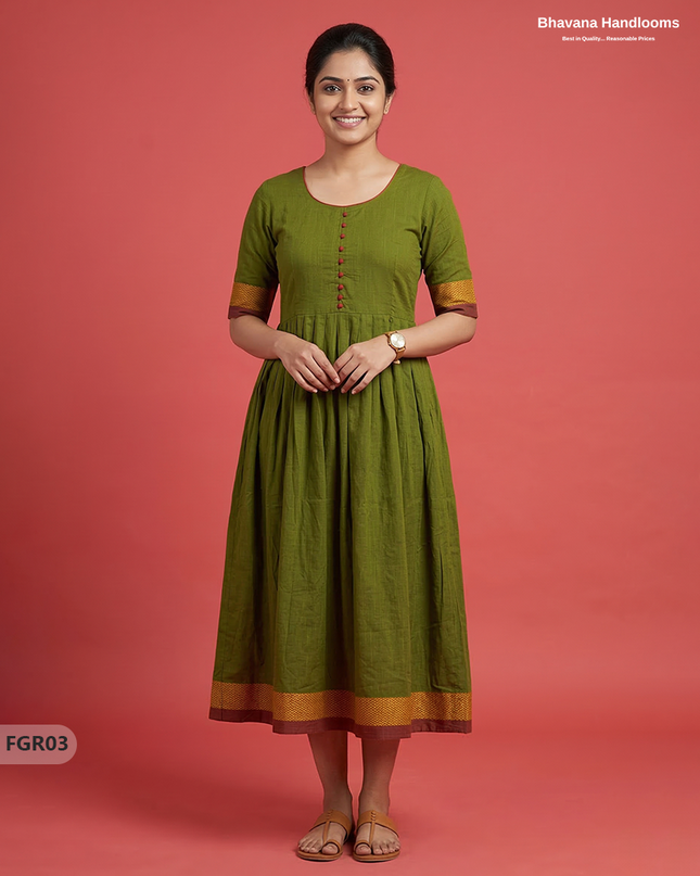 Summer Special Premium Cotton Handloom Frock with Woven Design | Green Colour