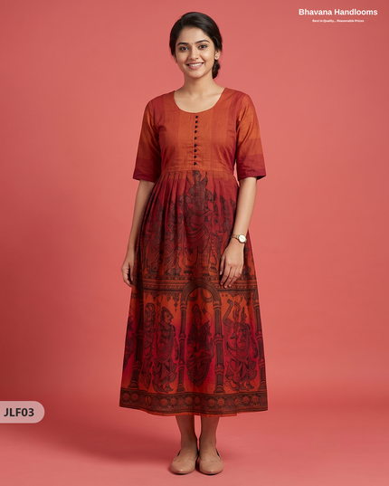 Traditional Handloom Frock with Ramayanam Design Prints in Multi Colour Shades | Rust Orange Colour